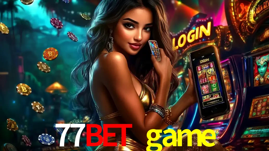 Mulher em um cenário de cassino temático de aventura, mostrando o app de caça-níqueis da 77bet game no celular. Fichas de apostas flutuam ao redor.