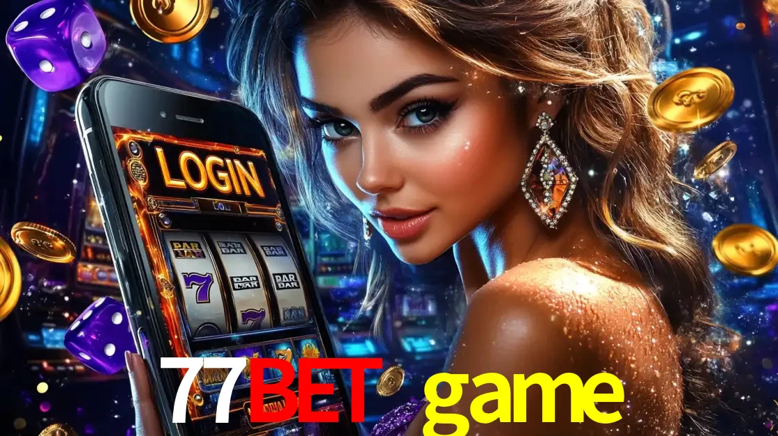 Mulher glamorosa segurando um smartphone com a tela de login para os jogos de caça-níqueis do cassino online 77bet game, com moedas de ouro e dados ao redor.