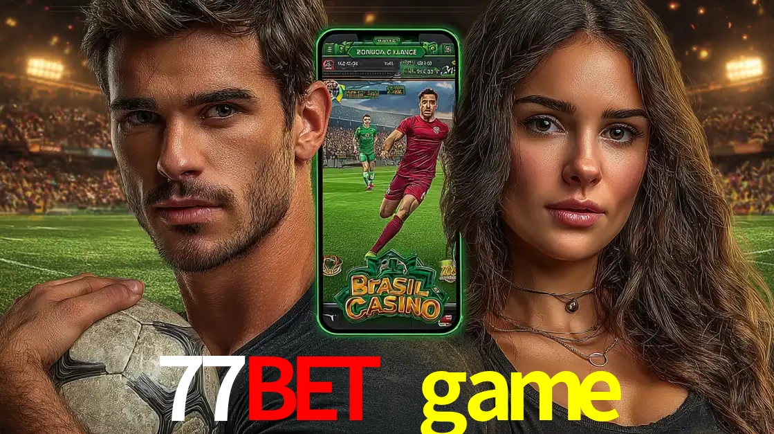 Homem segurando uma bola de futebol e uma mulher ao lado de um smartphone exibindo o jogo de apostas esportivas da 77bet game. Faça seu palpite no cassino online.